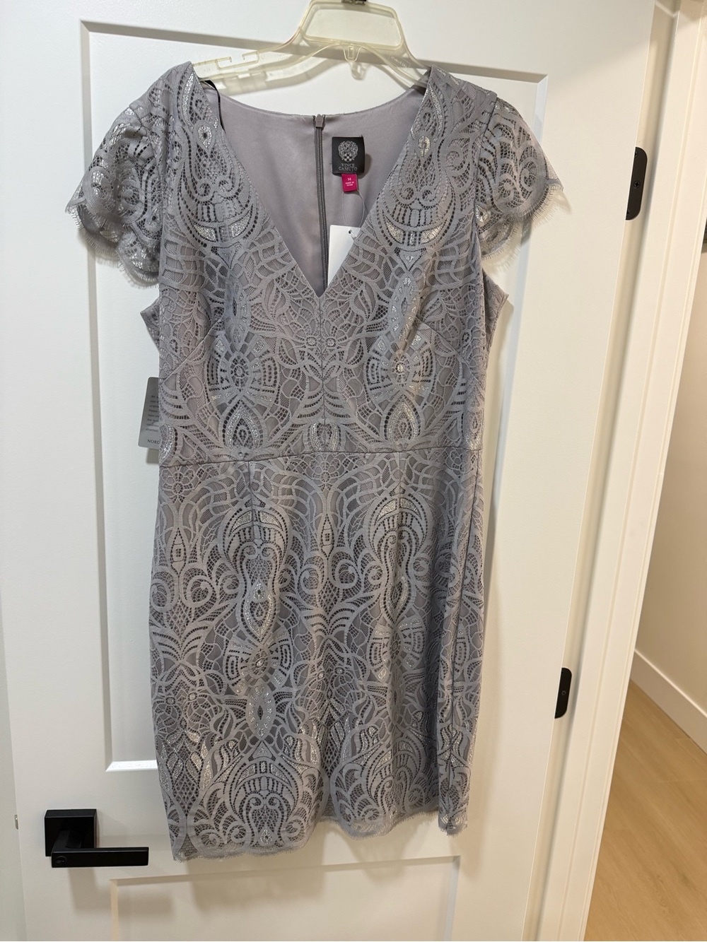 Vince Camuto Gray Lace V-Neck Midi Dress